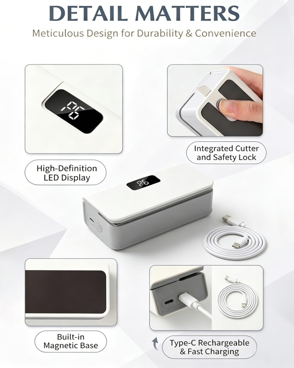 Mini Bag Sealer Magnetic Fridge with Cutter and Magnet, Rechargeable Heat Portable Bag Resealer for Mylar Bags Chip Bags, Faddish Snack Press Seal Machine，Handheld Sellador Bolsas Plasticas (White)
