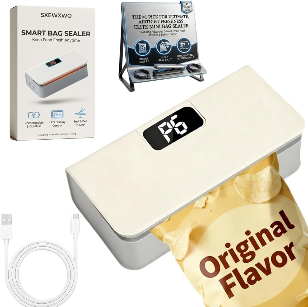 Mini Bag Sealer Magnetic Fridge with Cutter and Magnet, Rechargeable Heat Portable Bag Resealer for Mylar Bags Chip Bags, Faddish Snack Press Seal Machine，Handheld Sellador Bolsas Plasticas (White)