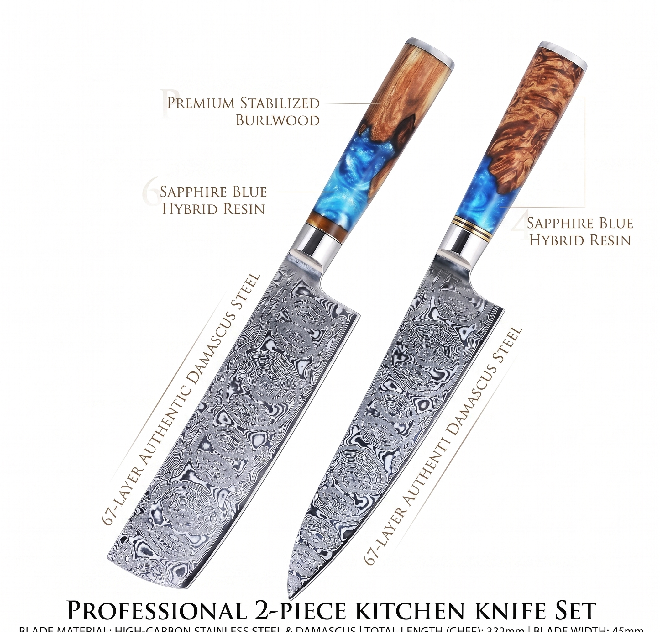 Damascus Chef Knife – Blue Resin & Stabilized Wood Special Edition