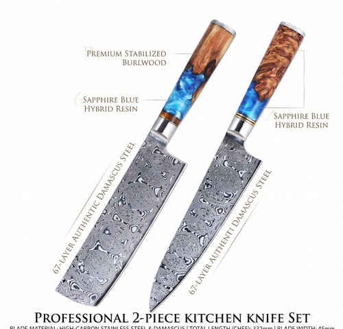 Damascus Chef Knife – Blue Resin & Stabilized Wood Special Edition