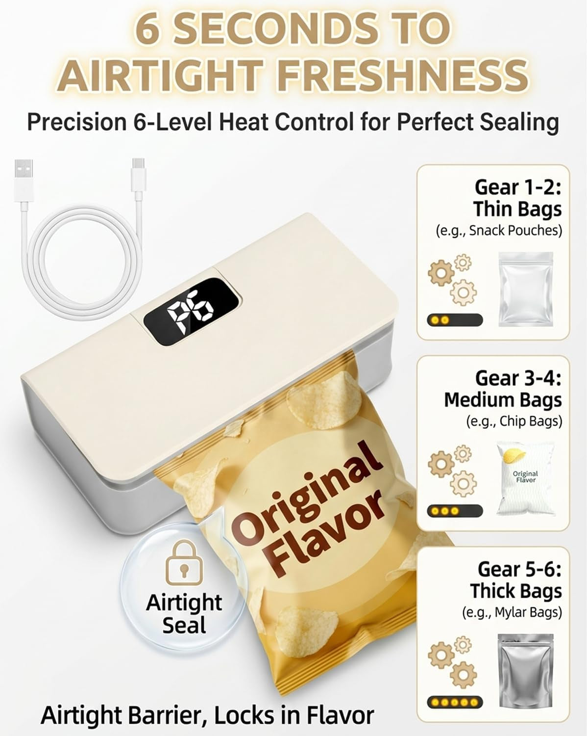 Mini Bag Sealer Magnetic Fridge with Cutter and Magnet, Rechargeable Heat Portable Bag Resealer for Mylar Bags Chip Bags, Faddish Snack Press Seal Machine，Handheld Sellador Bolsas Plasticas (White)
